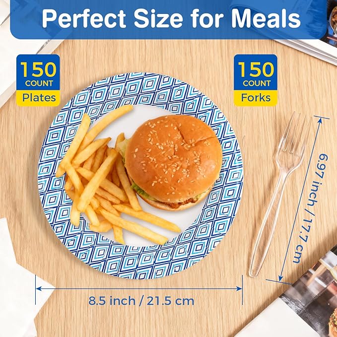 Charmount 300Pcs Paper Plates 8.5 Inch Bulk, 150 Disposable Plates with 150 Clear Plastic Forks, Soak-Proof Tableware for Daily Use, Breakfast, Lunch, Dinner, Party, Camping