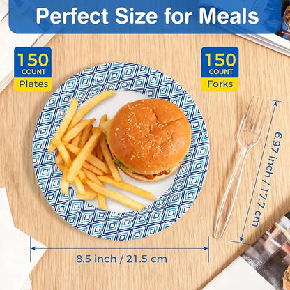 Charmount 300Pcs Paper Plates 8.5 Inch Bulk, 150 Disposable Plates with 150 Clear Plastic Forks, Soak-Proof Tableware for Daily Use, Breakfast, Lunch, Dinner, Party, Camping