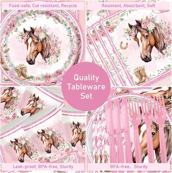 168Pcs Horse Party Supplies Cowgirl Horse Birthday Plates and Napkins Cups Disposable Tableware for Pink Wastern Girls Birthday Baby Shower Cowgirl Party Decorations, Serves 24 Guests