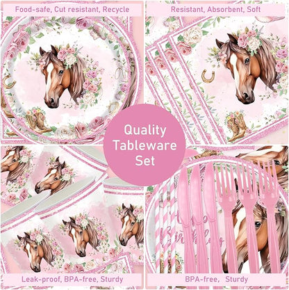 168Pcs Horse Party Supplies Cowgirl Horse Birthday Plates and Napkins Cups Disposable Tableware for Pink Wastern Girls Birthday Baby Shower Cowgirl Party Decorations, Serves 24 Guests
