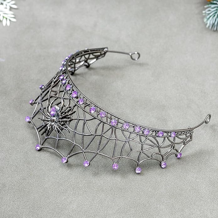 Gothic Black Spider Web Crown for Women Dark Queen Crystal Tiara Metal Headpiece Vampire Cosplay Masquerade Party Prom Night Witch Sorceress Costume Accessory