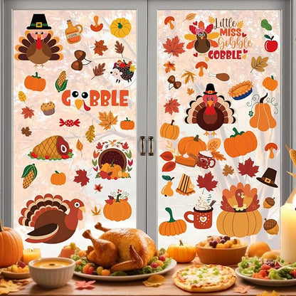 Thanksgiving Window Clings, Fall Decorations for Home, Turkey Pumpkin Stickers Decor, Cute Autumn Decals for Glass Windows, 9 Sheets