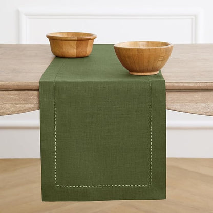 Solino Home Olive Linen Table Runner 156 Inches Long - 100% Pure Linen Classic Hemstitch Table Runner 14 x 156 Inch for Wedding, Parties, Fall, Autumn, New Year, Christmas