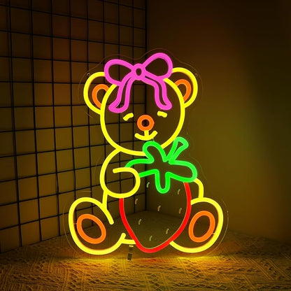 Strawberry Bear Neon Sign Girl Room Decor Led Neon Lights Signs for Wall Decor USB Powered Led for Room Decoration