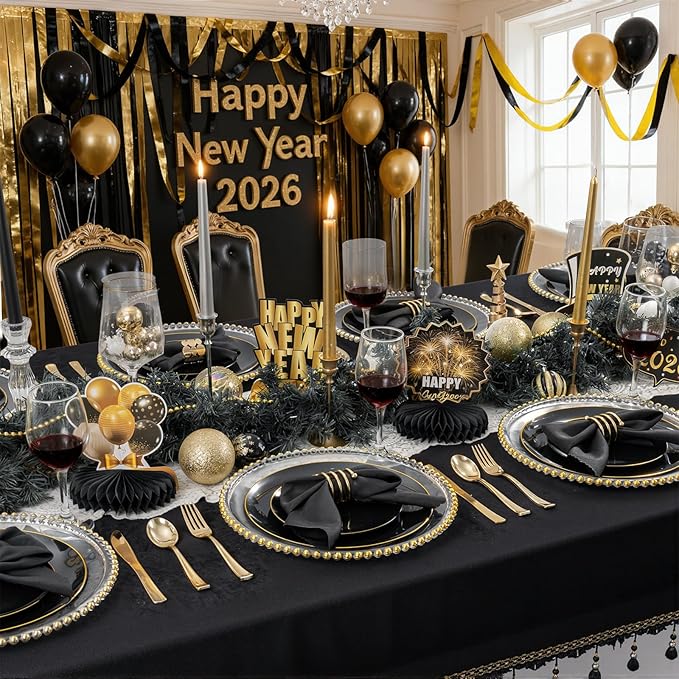 KIRE 100PCS Black and Gold Plates - Black Plastic Plates Disposable with Gold Rim for Halloween Party/Wedding/Birthday Include 50Pcs 10.25inch for Dinner and 50Pcs 7.5inch for Dessert/Salad