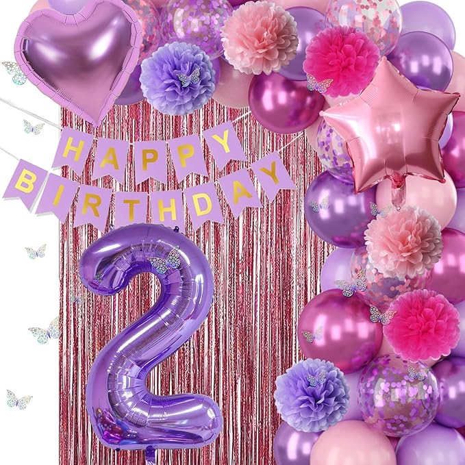 Pink Purple 2nd Birthday Party Decorations for Girls Number 2 Balloon Happy Birthday Banner Butterfly Stickers Fringe Curtain Paper Pom Poms Metallic Hot Pink Star Foil Balloons Baby 2 Year Old Decor