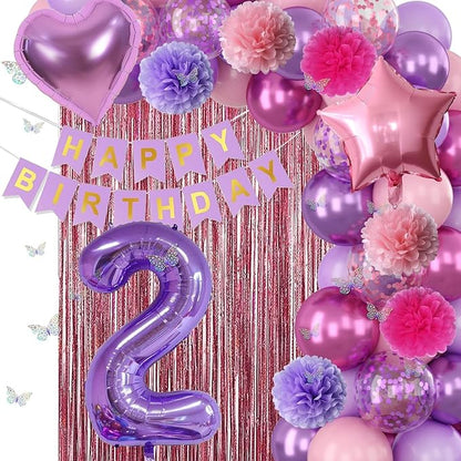 Pink Purple 2nd Birthday Party Decorations for Girls Number 2 Balloon Happy Birthday Banner Butterfly Stickers Fringe Curtain Paper Pom Poms Metallic Hot Pink Star Foil Balloons Baby 2 Year Old Decor