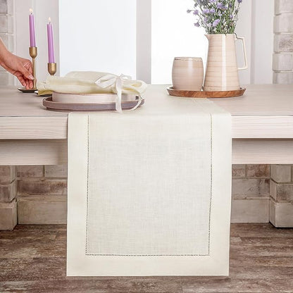 D'Moksha Homes Linen Ivory Table Runner 84 Inches Long - 100% Pure Linen Table Runner 14 x 84 Inch for Winter, Christmas, Holiday - Classic Hemstitch