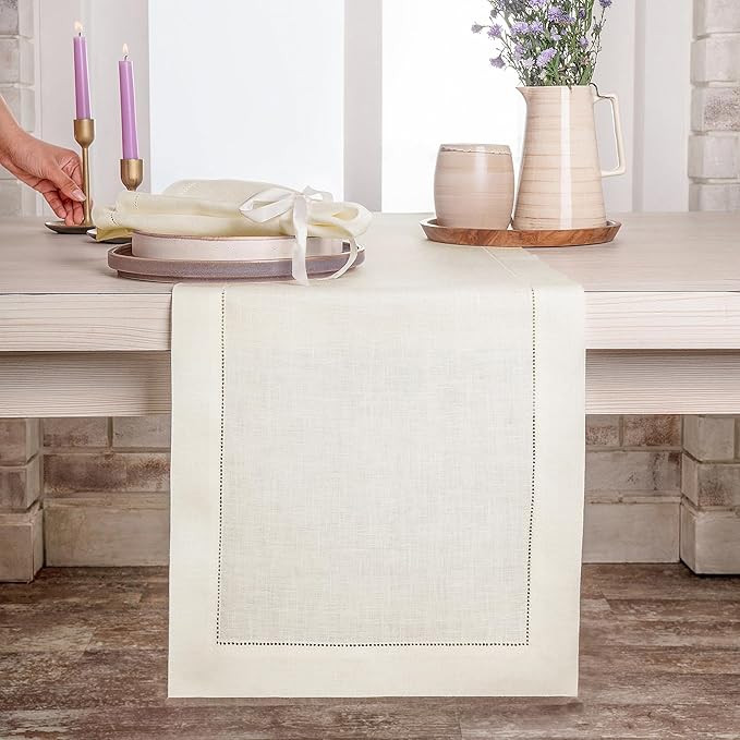 D'Moksha Homes Linen Ivory Table Runner 144 Inches Long - 100% Pure Linen Extra Long Table Runner 14 x 144 Inch for Winter, Christmas, Holiday - Classic Hemstitch