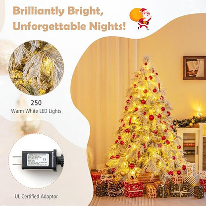 GOFLAME 6ft Pre-Lit Christmas Tree Snow Flocked, Hinged Artificial Xmas Tree with 519 Branch Tips, 250 Warm White LED Lights, Willow Leaves, Holiday Decoration Tree for Home Office Party