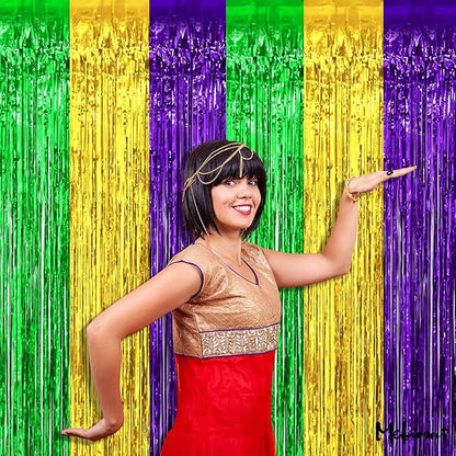 4 Pack 3.2Ft x 8.2Ft Mardi Gras Fringe Curtain Backdrop, Gold Green Purple Metallic Tinsel Foil Fringe Streamers Curtains Background for Photo Booth Birthday Wedding Carnival Party Decorations