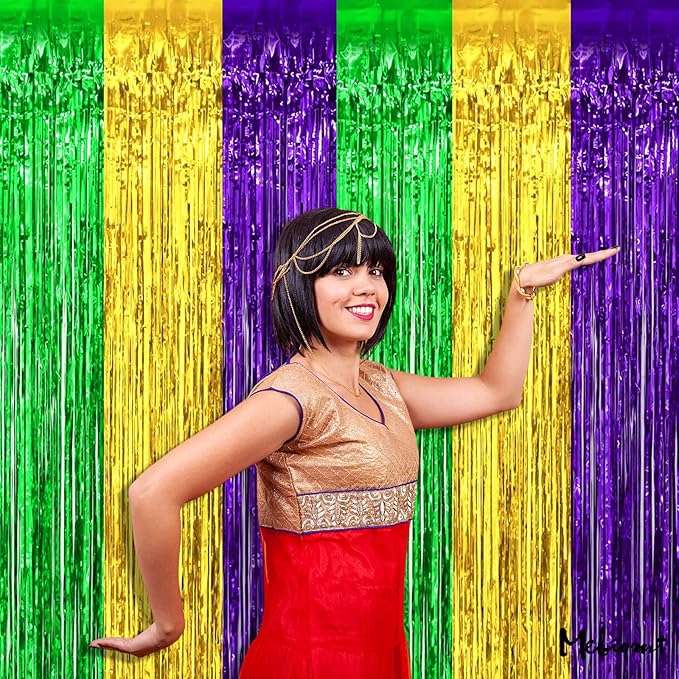 4 Pack 3.2Ft x 8.2Ft Mardi Gras Fringe Curtain Backdrop, Gold Green Purple Metallic Tinsel Foil Fringe Streamers Curtains Background for Photo Booth Birthday Wedding Carnival Party Decoration