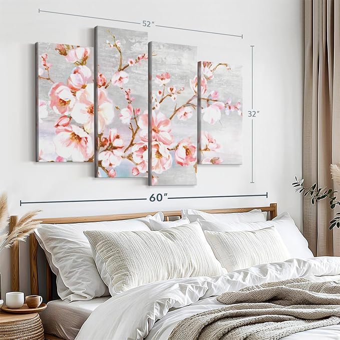 Elephant Stock Spring Cherry Blossoms Wall Art - Horizontal Canvas - 4-Piece Living Room Wall Decor - Painting Floral and Botanical Canvas Print - Pink and Brown Decor for Wall by Eva Watts - 52" X 32"
