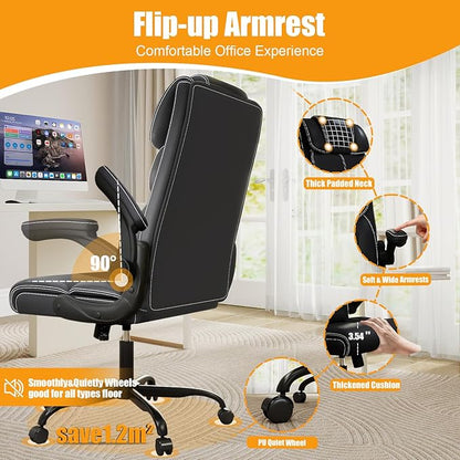 Executive Office Chair with Flip-up Armrests,Ergonomic Computer Desk Chairs,Mid-Tall Back Leather Office Chair 400 Lbs,Lumbar Support Swivel PC Chair with Rocking Function