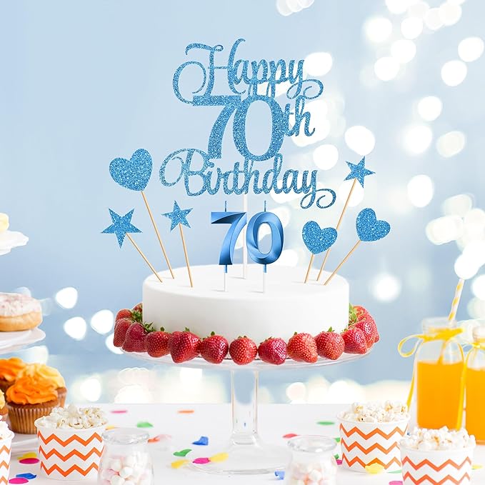 70th Birthday Cake Decorations, 70th Birthday Candles Cake Numeral Candles and Glitter Happy 70th Birthday Cake Toppers Set for Birthday Party Supplies (Blue)