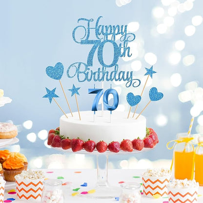 70th Birthday Cake Decorations, 70th Birthday Candles Cake Numeral Candles and Glitter Happy 70th Birthday Cake Toppers Set for Birthday Party Supplies (Blue)