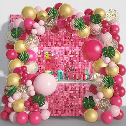 48 PCS Deep Pink Shimmer Wall Backdrop, Laser Square Sequin Photo Backdrops Panel, Glitter Wall Background for Birthdays, Weddings, Halloween, Engagements, Disco Bachelorette Party Decoration (6x8FT)