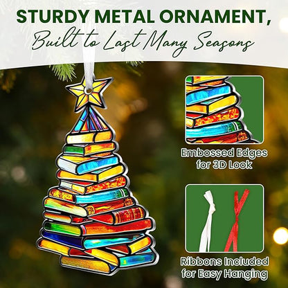 FLAGWIX Christmas Book Lovers Gifts for Women Men - Metal Christmas Ornaments 2025 for Tree Decorations - Reading Nerd Librarian Bookish Gifts for Book Lovers, Bookworm Gift for Friend Family