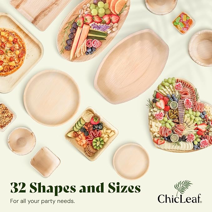 Chic Leaf Round Palm Leaf Plates - 10-Inch & 7-Inch, Pack of 48 - Compostable Disposable Bamboo Plates for Parties, Thanksgiving Family Meal and Christmas Dinner