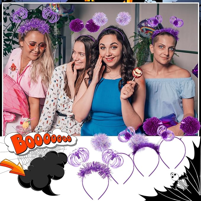 Censen 16 Pcs Pom Pom Headband Party Headbands Tinsel Wrapped Ponytail Head Bopper Costume Headwear Team Spirit Accessories