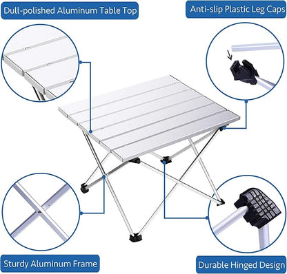 Grope Small Folding Camping Table with Aluminum Table Top, Beach Table for Sand with Carrying Bag,Prefect for Outdoor, Picnic, BBQ, Cooking, Festival (Silver-S)