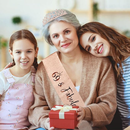 CIEHER 69th Birthday Crown + 69th Birthday Sash + Pearl Pin Set, 69 & Fabulous Birthday Sash, 69 Birthday Tiara, 69th Birthday Decorations for Women, 69th Birthday Gifts