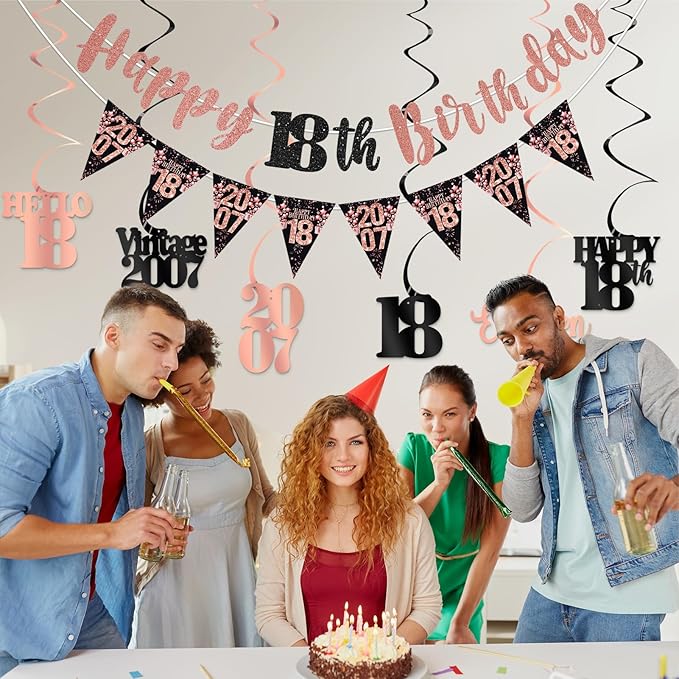 18th Birthday Decorations for Girls, Black Rose Gold Happy 18th Birthday Banner Hanging Swirls Vintage 2007 Birthday Decorations Kit Hello 18 Party Supplies