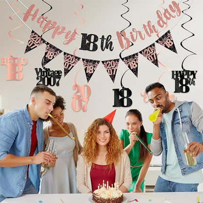 18th Birthday Decorations for Girls, Black Rose Gold Happy 18th Birthday Banner Hanging Swirls Vintage 2007 Birthday Decorations Kit Hello 18 Party Supplies