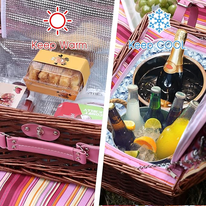 Wicker Picnic Basket for 4 with Waterproof Picnic Blanket and Insulated Cooler, Willow Hamper for Camping, Outdoors, Photoshoot, or a Birthday, Valentine’s Day, Wedding Gift, Pink