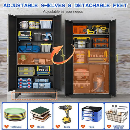 75.2" Tall Metal Storage Cabinet with 2 Doors and 5 Adjustable Shelves, New upgrade Kitchen Pantry Cabinet, Black Freestanding Cupboard, 6 Tier Steel Storage for Office, Kitchen, Dining, Garage