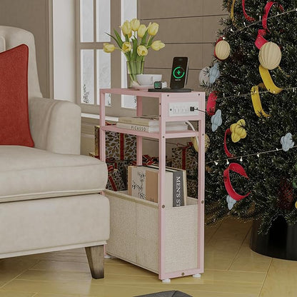 Pink Side Table with Charging Station, Slim End Tables with Linen Basket, Skinny Table for Small Spaces, Thin Bedside Table for Living Room, Bedroom