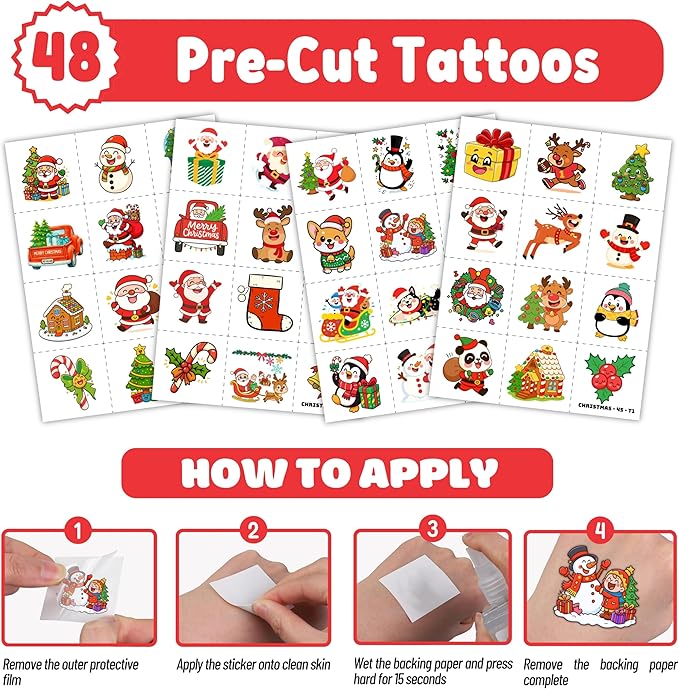 72PCS Christmas Party Favors Set - 48 Christmas Tattoos + 24 Slap Bracelets | Fun Xmas Gifts for Kids Boys Girls | Classroom Rewards, School Prizes, Holiday Goodie Bag Toys
