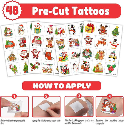 72PCS Christmas Party Favors Set - 48 Christmas Tattoos + 24 Slap Bracelets | Fun Xmas Gifts for Kids Boys Girls | Classroom Rewards, School Prizes, Holiday Goodie Bag Toys