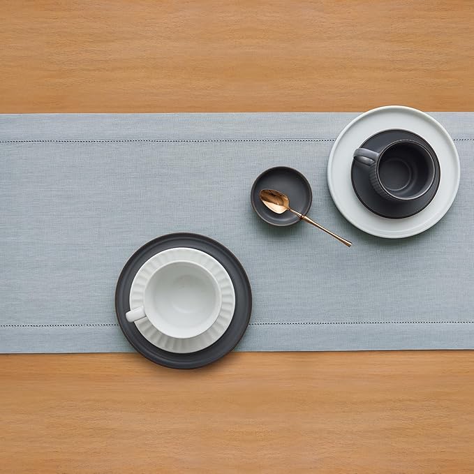 Solino Home Linen Dusty Blue Table Runner 60 Inches - Classic Hemstitch, 100% Pure Linen Coffee Table Runner 14 x 60 Inch Ideal for Dresser Tables - Fall, Autumn, Thanksgiving