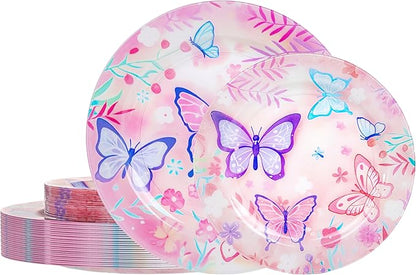 WELLIFE 20PCS Butterfly Birthday Plates – Plastic Dinner & Dessert Plates (10×9.2" + 10×6.3") for Girls Party, Kids Birthday, Magical Butterfly Party Supplies