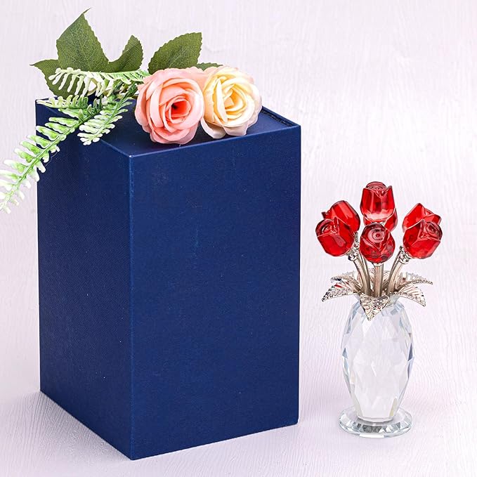 Glass Rose Flowers, Crystal Glass Figurines Rose Decorations for Home Gifts for Mom Wife Grandma, Crystal Flowers Collectible Ornament Mother's Day Thanksgiving Anniversary Birthday Gifts (Red Rose)