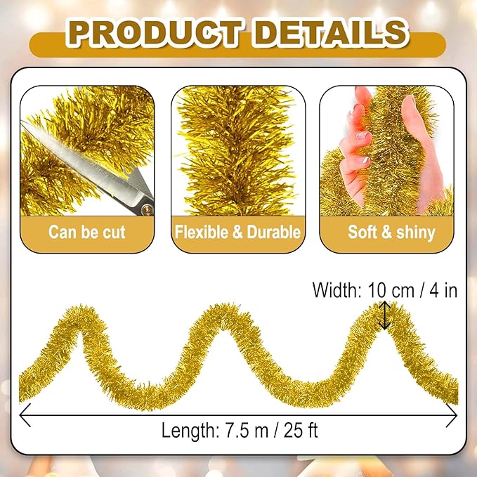 25 Feet Christmas Foil Fringe Banner Metallic Tassle Garland Metallic Backdrop Parade Floats Shiny Hanging Ceiling, Valentine's, Wedding, New Year Party Decorations(4" x 25', Gold)
