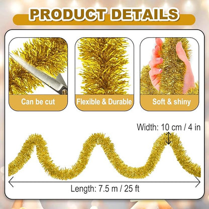 25 Feet Christmas Foil Fringe Banner Metallic Tassle Garland Metallic Backdrop Parade Floats Shiny Hanging Ceiling, Valentine's, Wedding, New Year Party Decorations(4" x 25', Gold)