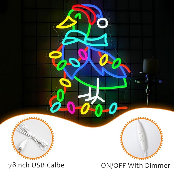 LISIGNVE Christmas Duck Neon Sign Dimmable USB Powered Funny Novelty Duck Wearing Santa Hat Led Neon Light for Christmas Holiday Home Coffee Bar Wall Decor (16.5 * 12.6 In)
