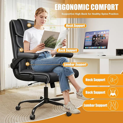 Executive Office Chair with Flip-up Armrests,Ergonomic Computer Desk Chairs,Mid-Tall Back Leather Office Chair 400 Lbs,Lumbar Support Swivel PC Chair with Rocking Function