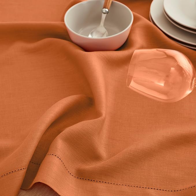 Solino Home Linen Napkins Set of 4 - Classic Hemstitch 100% Pure Linen Pumpkin Dinner Napkins Cloth 20 x 20 Inch for Fall, Autumn, Holiday - Handcrafted and Machine Washable