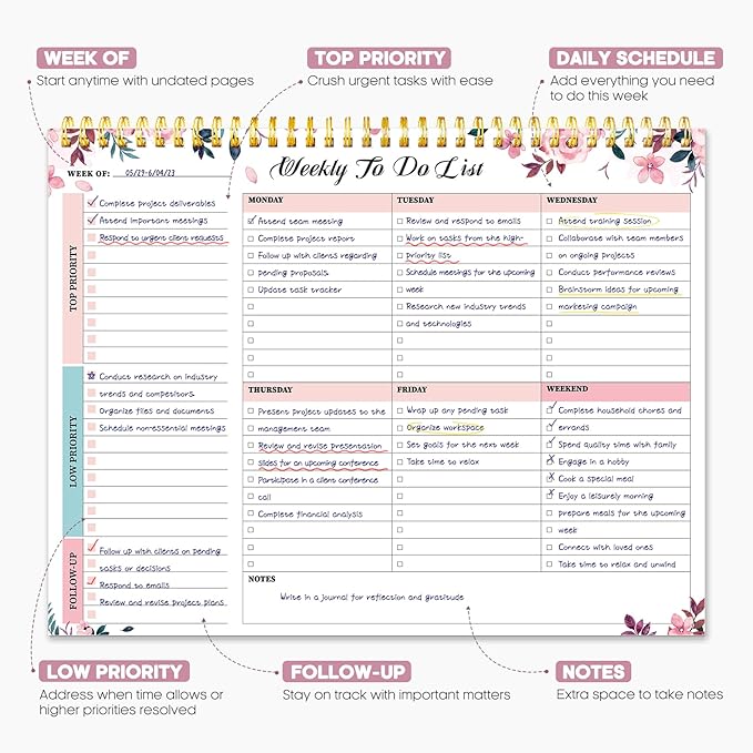 Taja Weekly To Do List Notepad with 52 Undated Sheets（8.5"×11"）- Weekly Desk Planner for Women & Man, Work and Home - 1 Pack Whispering Petal