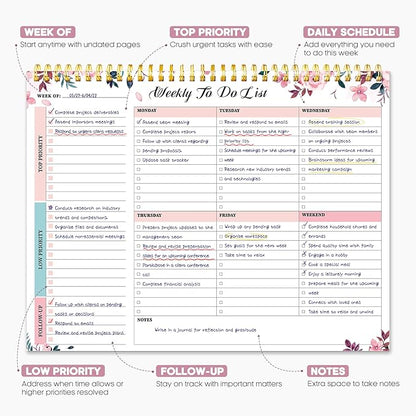 Taja Weekly To Do List Notepad with 52 Undated Sheets（8.5"×11"）- Weekly Desk Planner for Women & Man, Work and Home - 1 Pack Whispering Petal