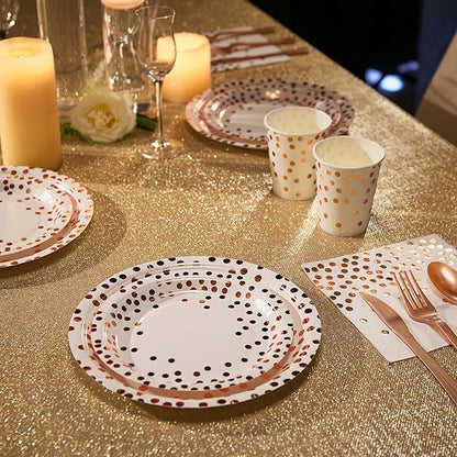 White and Rose Gold Party Supplies - 350 PCS Disposable Dinnerware Set - White Paper Plates Napkins Cups, Gold Plastic Forks Knives Spoon for Graduation, Birthday, Thanksgiving, Cocktail Party