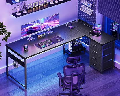 AODK L Shaped Gaming Desk with 4 Drawers, 67" Reversible Home Office Desks with Power Outlets, L Shaped Computer Desk with USB Charging Port and Host Stand, Corner Desk, Easy to Assemble, Black