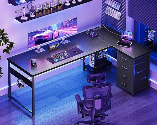 AODK L Shaped Gaming Desk with 4 Drawers, 67" Reversible Home Office Desks with Power Outlets, L Shaped Computer Desk with USB Charging Port and Host Stand, Corner Desk, Easy to Assemble, Black