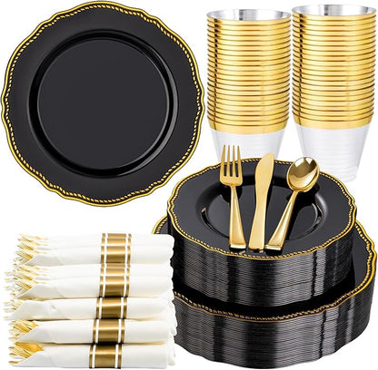 Hioasis 175pcs Black and gold Plastic Plates - Gold Plastic Dinnerware Set Includes 25 Dinner Plates, 25 Dessert Dinnerware, 25 Cups, 25 Napkins Perfect for Wedding & Party