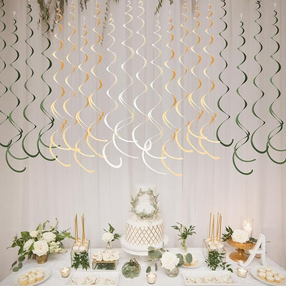 36Pcs Sage Green Hanging Swirl Decoration Olive Green Tan Brown Cream Neutral Felt Swirl Streamer Spiral Ceiling Garland for Greenery Safari Jungle Woodland Birthday Baby Shower Wedding Party Supplies