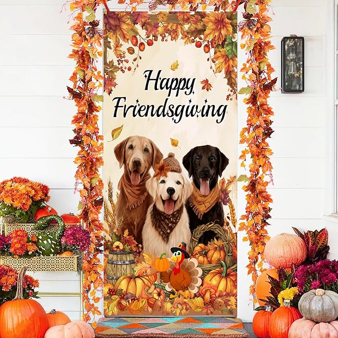 Friendsgiving Door Cover Banner Happy Thanksgiving Party Decorations, Dog Pumpkin Maple Leaves Give Thanks Turkey Friendsgiving Door Party Decorations
