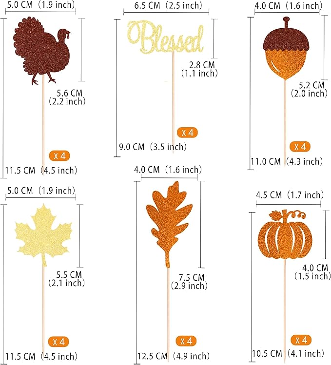 Gexolenu 24 Pcs Thanksgiving Cupcake Toppers Glitter Double-Sided Maple Leaf Blessed Turkey Pumpkin Cupcake Picks For Fall Theme Harvest Thanksgiving Cake Decorations Kids Birthday Party Supplies